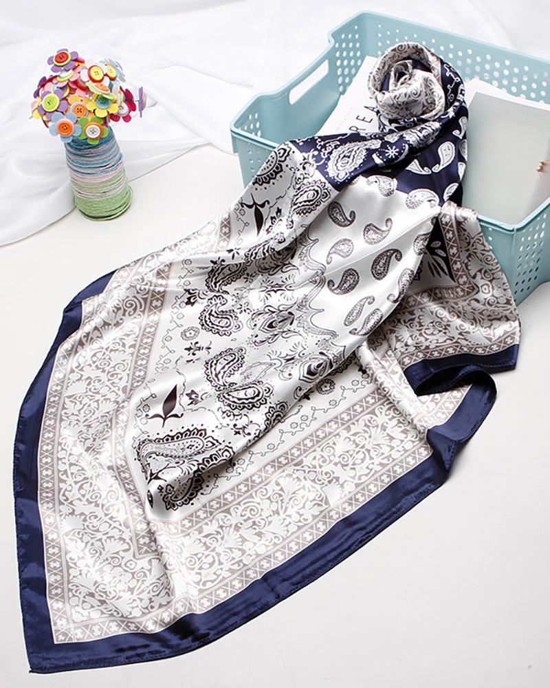 

Paisley Print Square Silk Scarf, Dark blue