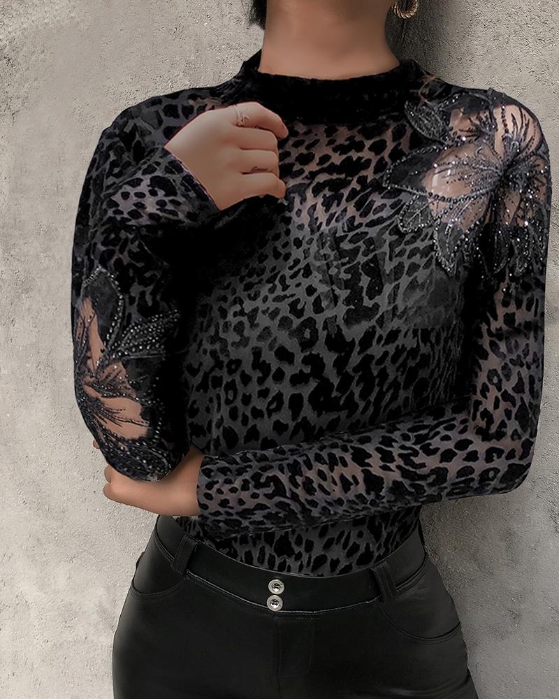 

Studded Leopard Print Long Sleeve Top, Black