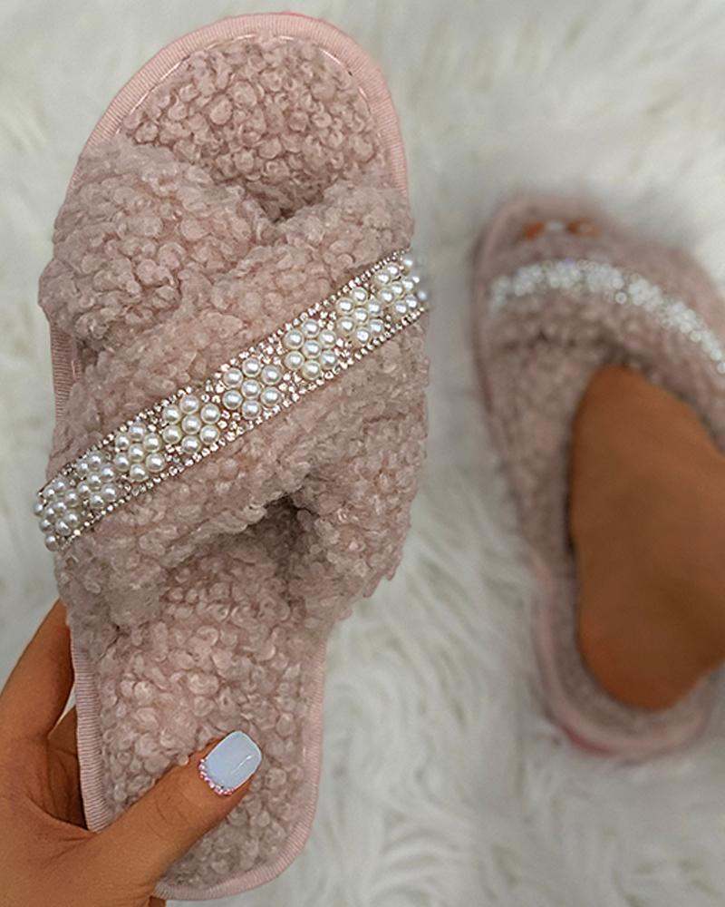 

Beaded Studded Bandage Fluffy Slippers, Pink