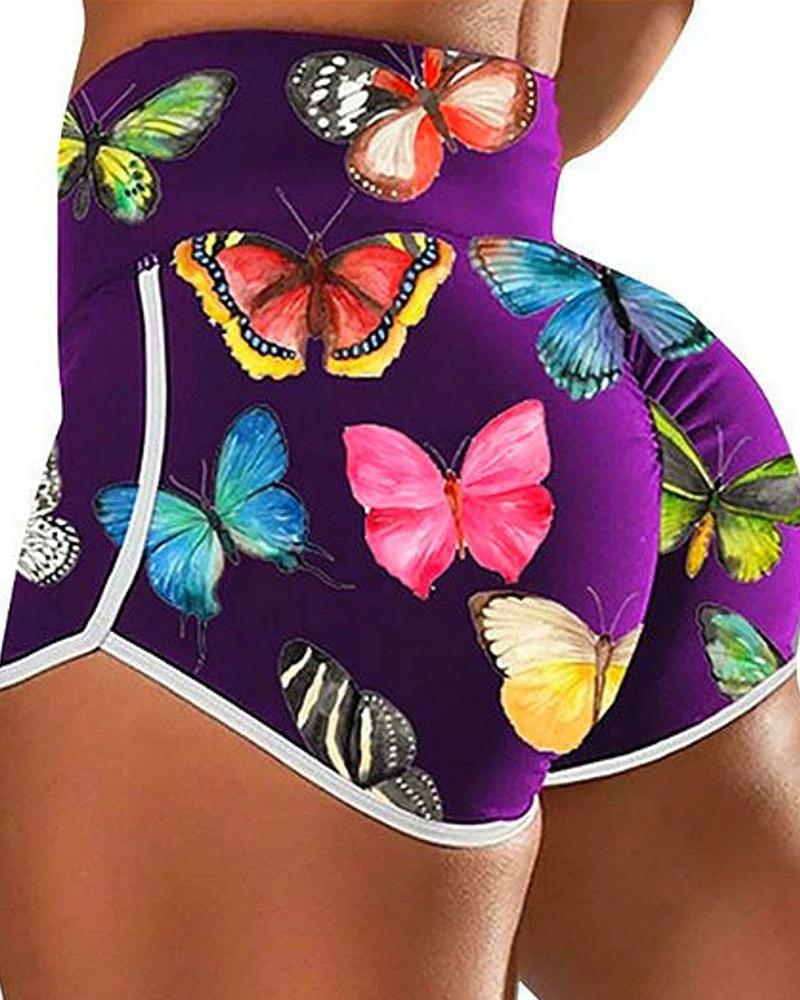 

Mulitcolor Butterfly Skinny Slit High Waist Shorts, Purple