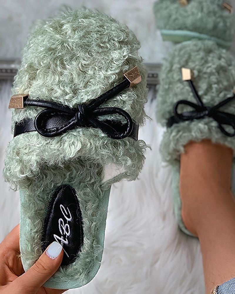 

Bowknot Fluffy Slippers, Green