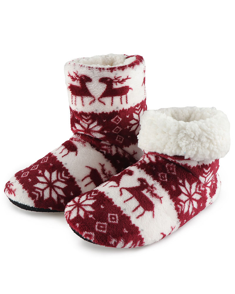 

Christmas Mixed Print Fluffy Indoor Boots, Wine red