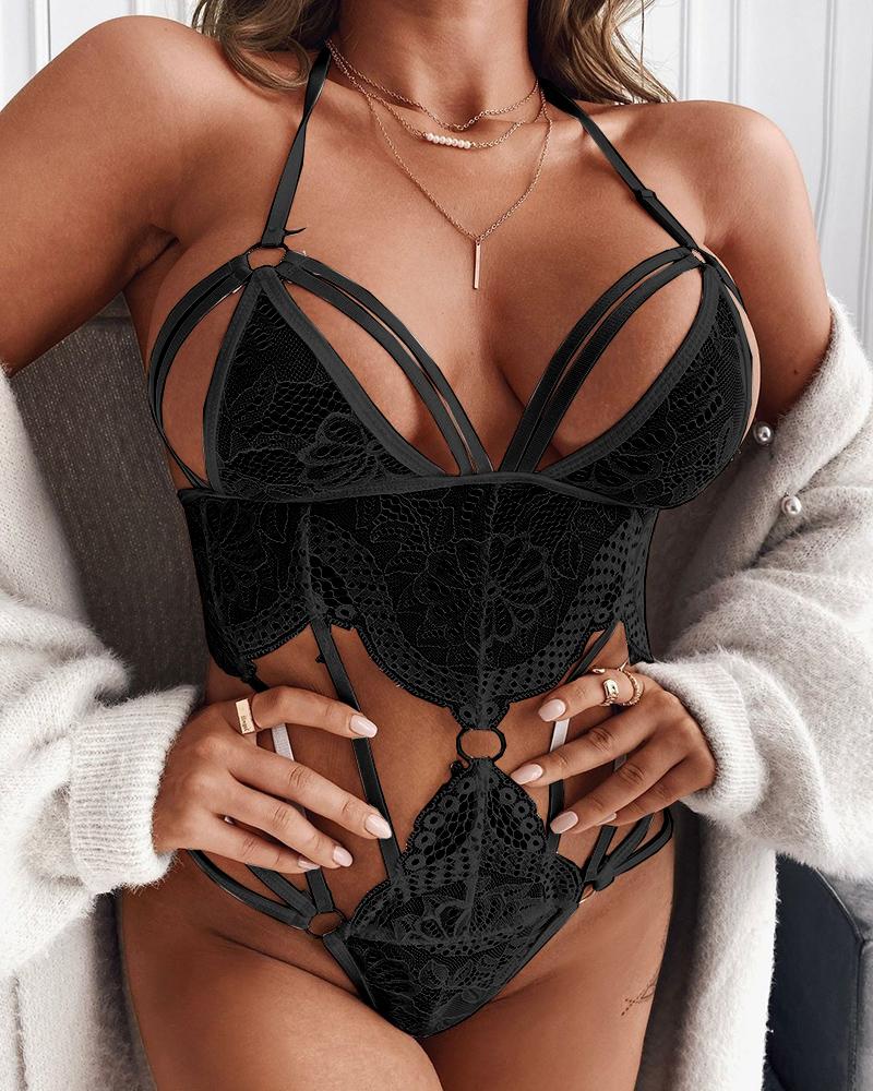 

Halter Cutout Contrast Lace Teddy, Black