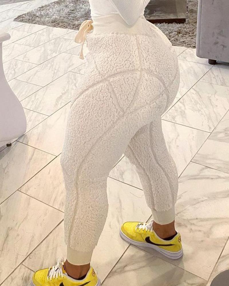 

High Waist Drawstring Fluffy Pants, White