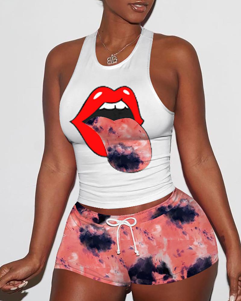 

Lip / Cheetah / Tie Dye Print Top & Drawstring Pants Set, Orange
