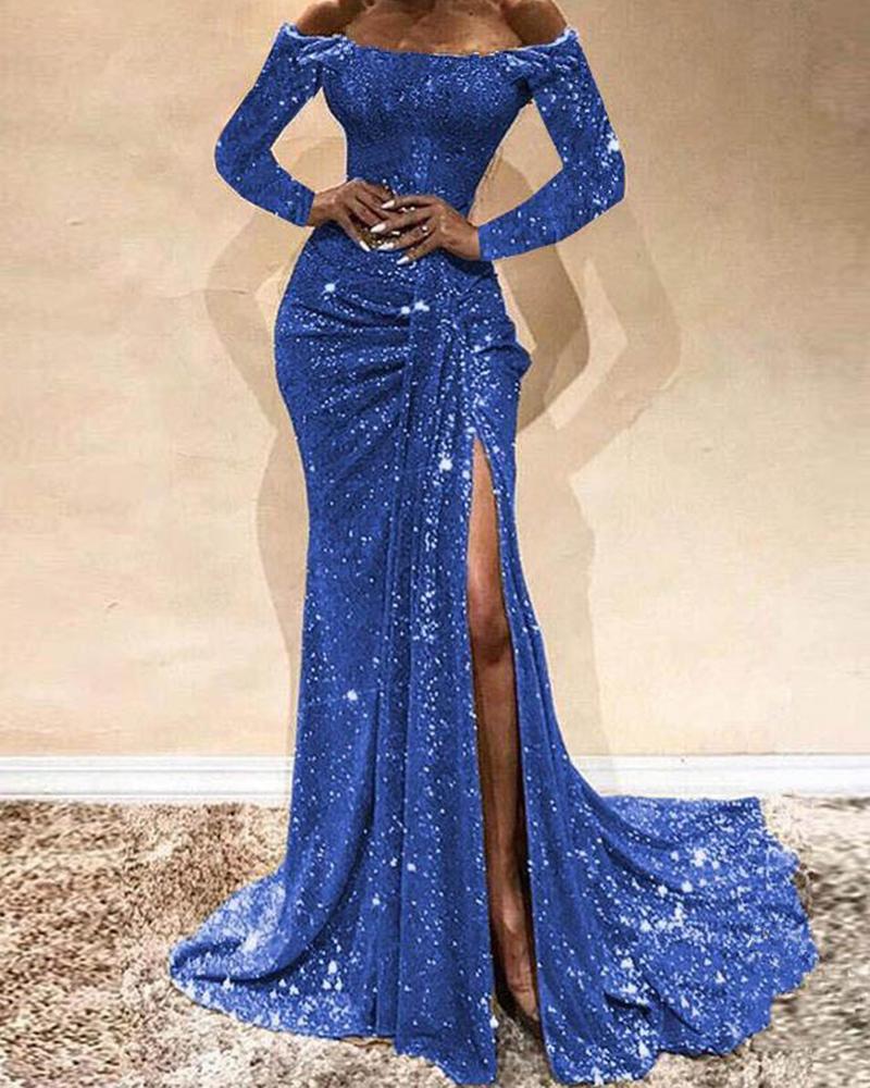 

Off Shoulder Sequined Maxi Dress, Blue