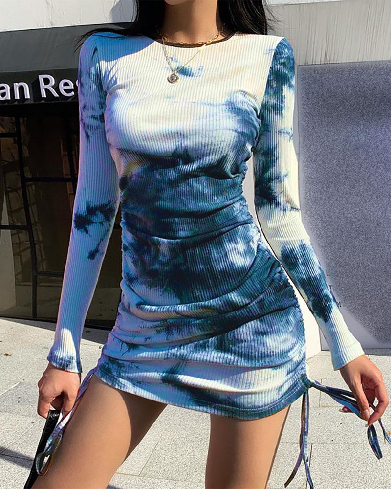 

Tie Dye Print Ruched Drawstring Bodycon Dress, Blue