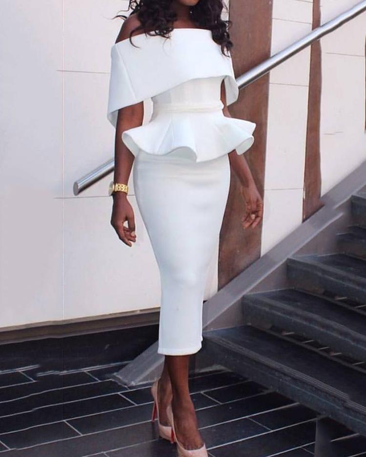 

Women Slash Neck Fold-over Shoulder Peplum Bodycon Dress, Pink
