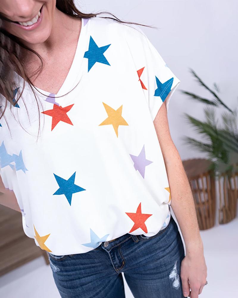 

V-neck Stars Print Short Sleeve T-shirt, White