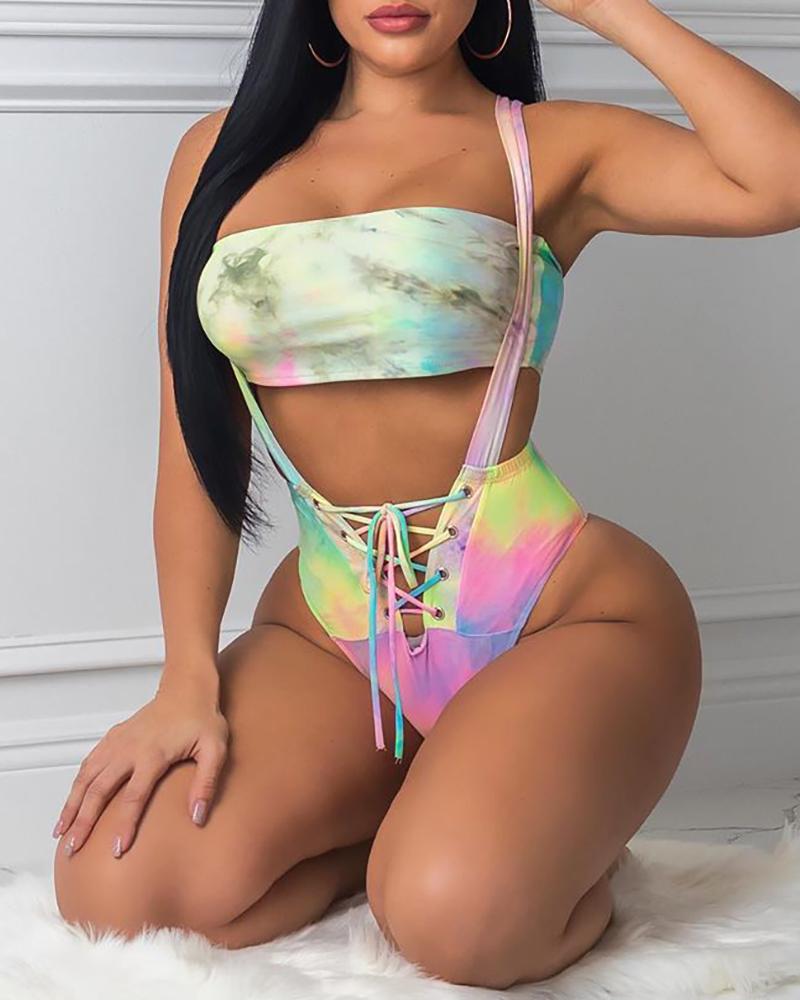 

Bandeau Tie Dye Print Eyelet Lace-up Bikini Sets, Multicolor