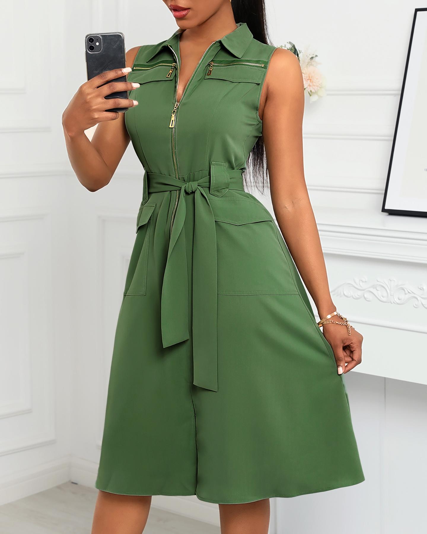 

Plain Sleeveless Pocket Design Shirt Dress With Belt, Army green