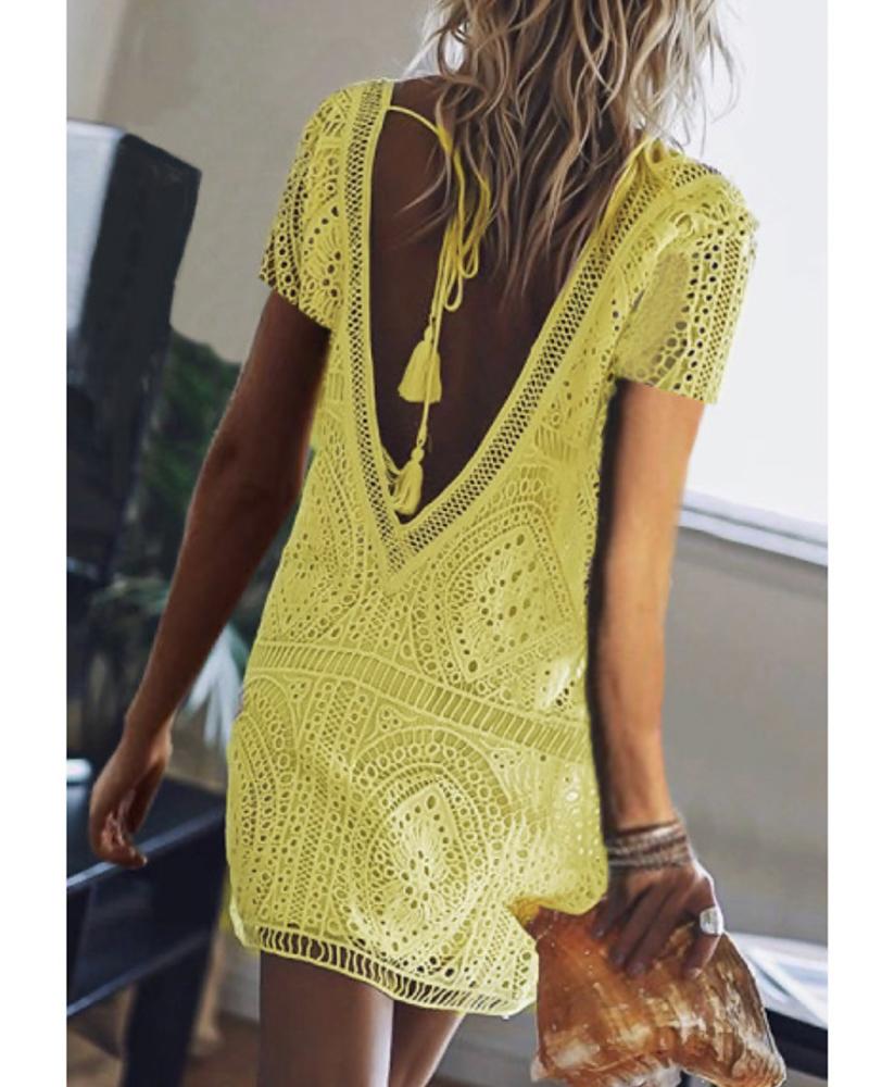 

V Neck Lace Shift Dress, Yellow