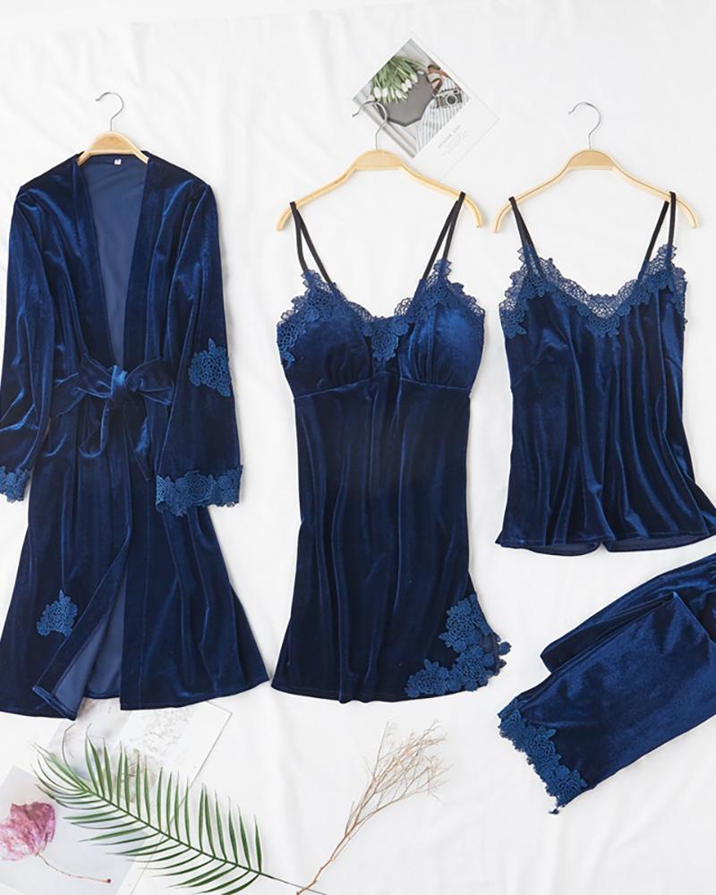 

4PCS Velvet Plain Lace Trim Sleepwear Sets, Dark blue