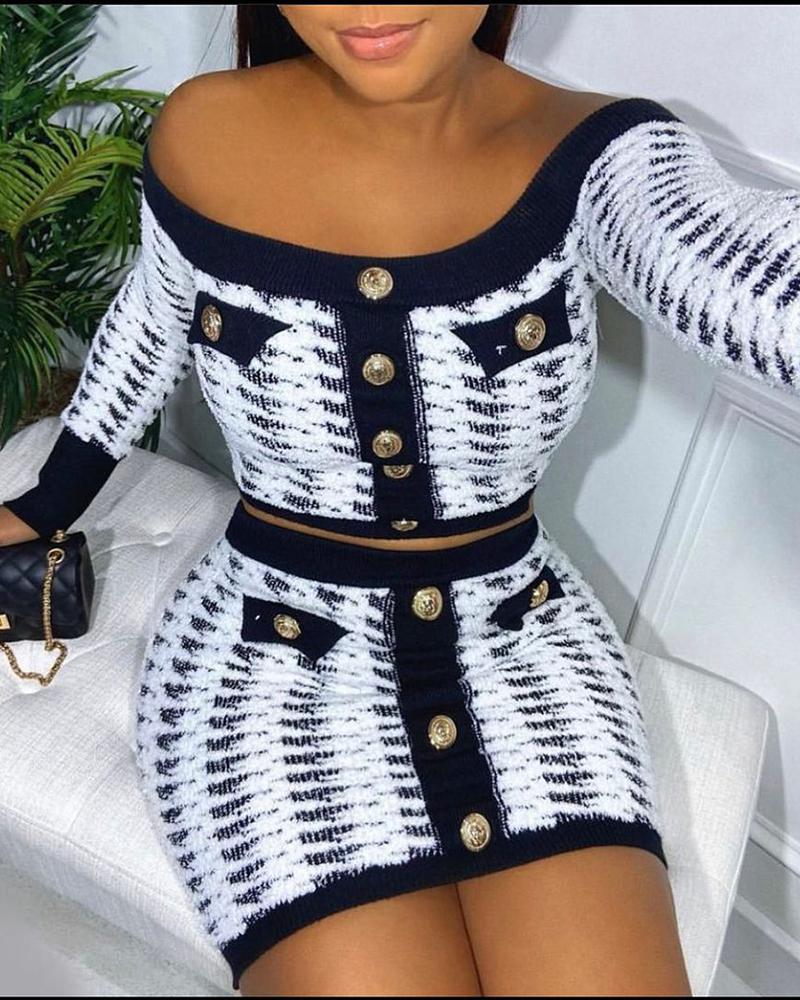 

Houndstooth Print Buttoned Top & Skirt Set, Black