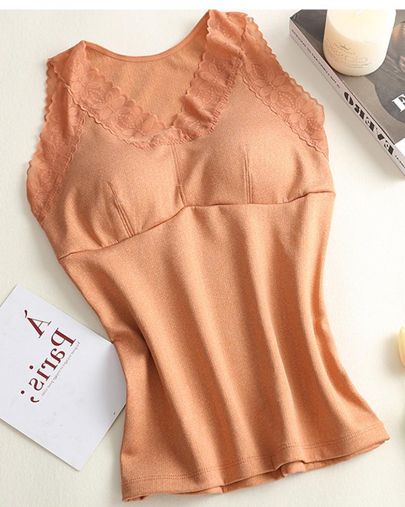 

Floral Lace Trim Crisscross Padded Vest Thermal Underwear Base Shirt, Orange