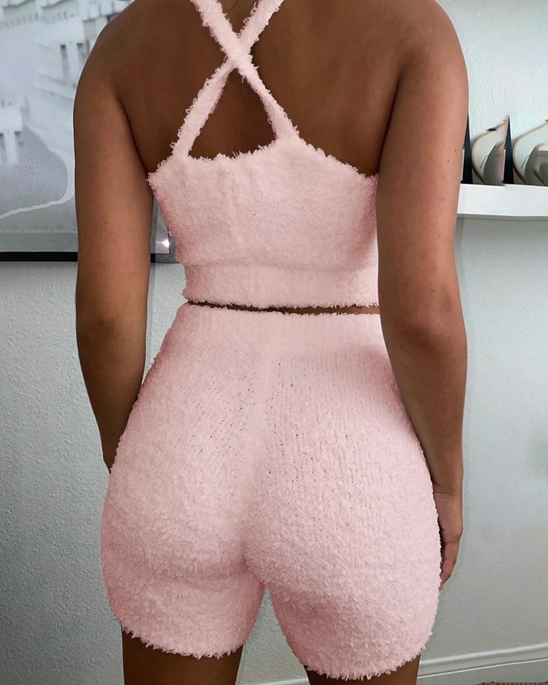 

Fluffy Thick Strap Crisscross Back Pajamas Set, Pink