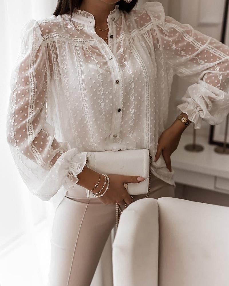 

Puff Sleeve Button Design Sheer Mesh Lace Shirt, White