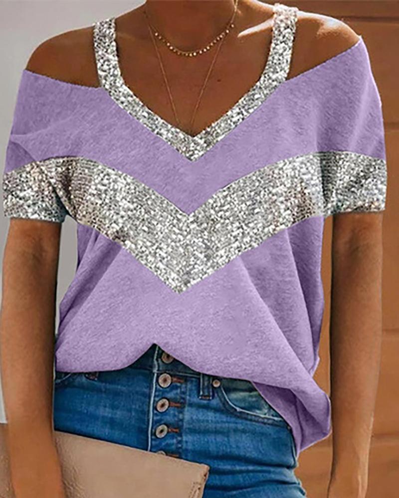 

Sequins Colorblock Cold Shoulder T-Shirt, Purple