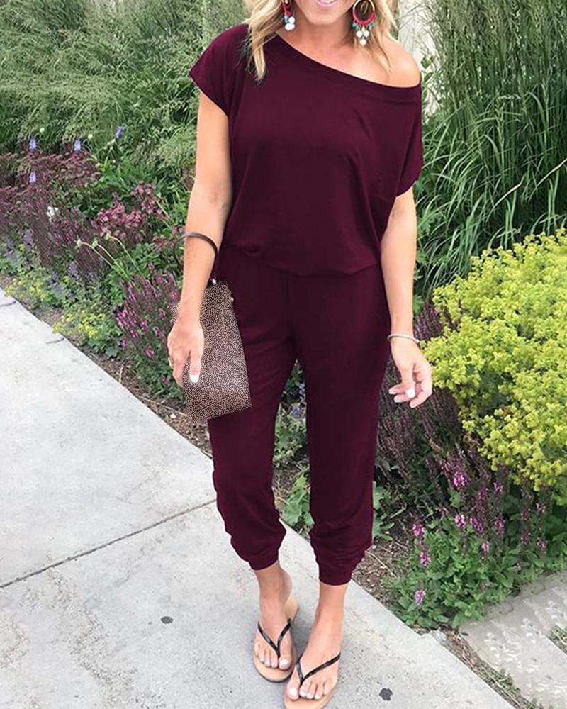 

Skew Neck Keyhole Back Casual Jumpsuit, Wine red