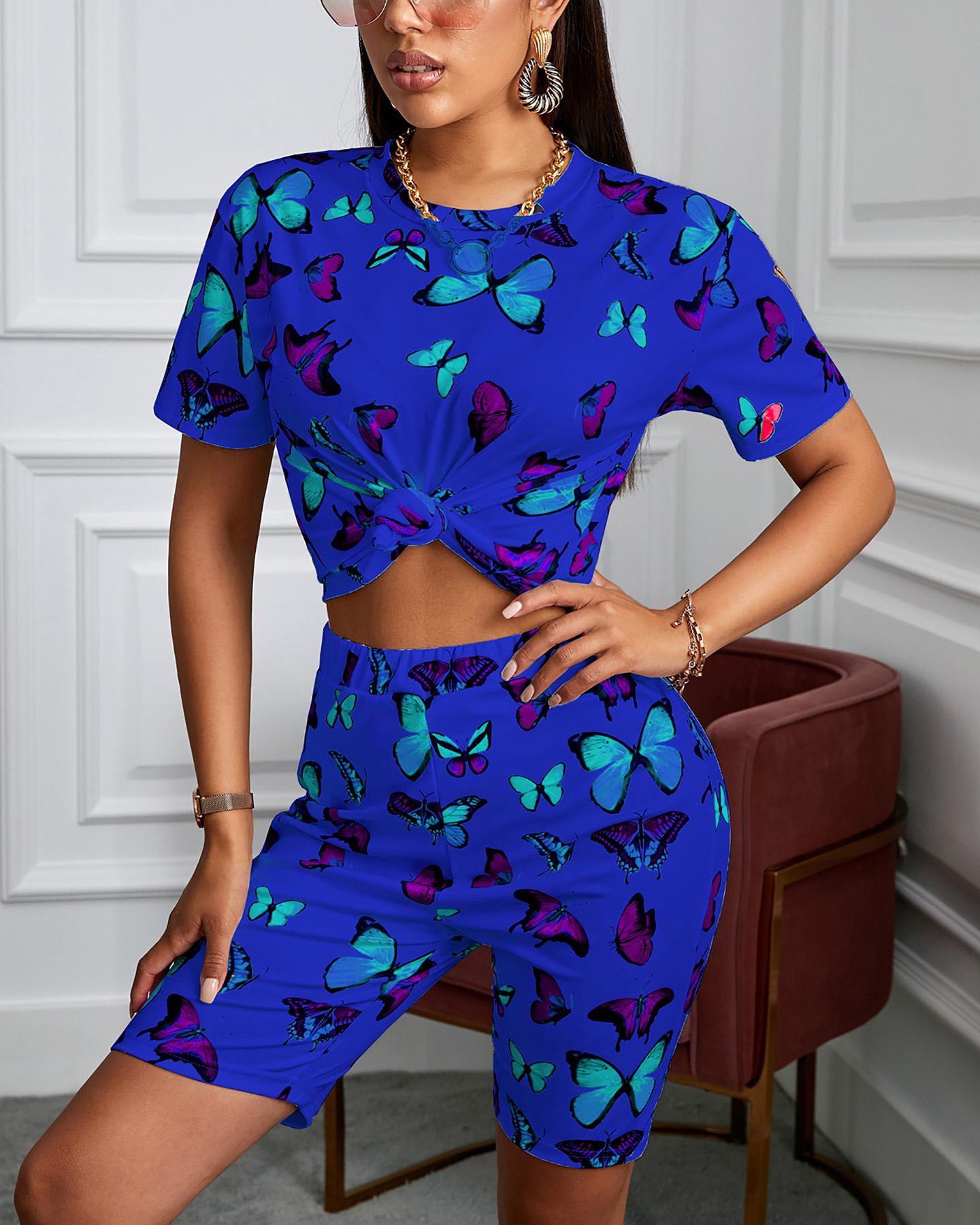 

Short Sleeve Butterfly Printed Women Top & Short Sets, Blue