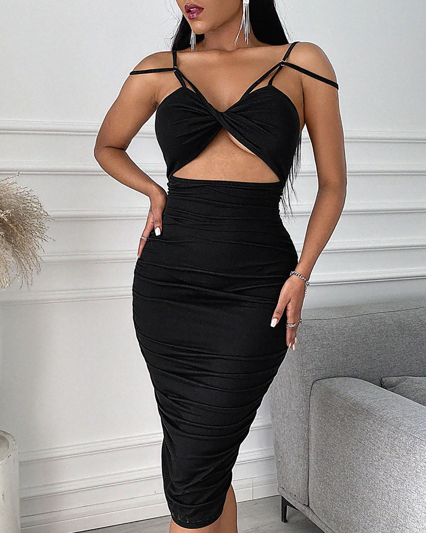 

Cold Shoulder Cutout Ruched Party Dress, Black