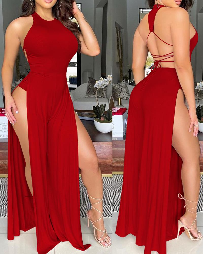 

High Slit Lace-up Back Wide Leg Romper, Wine red