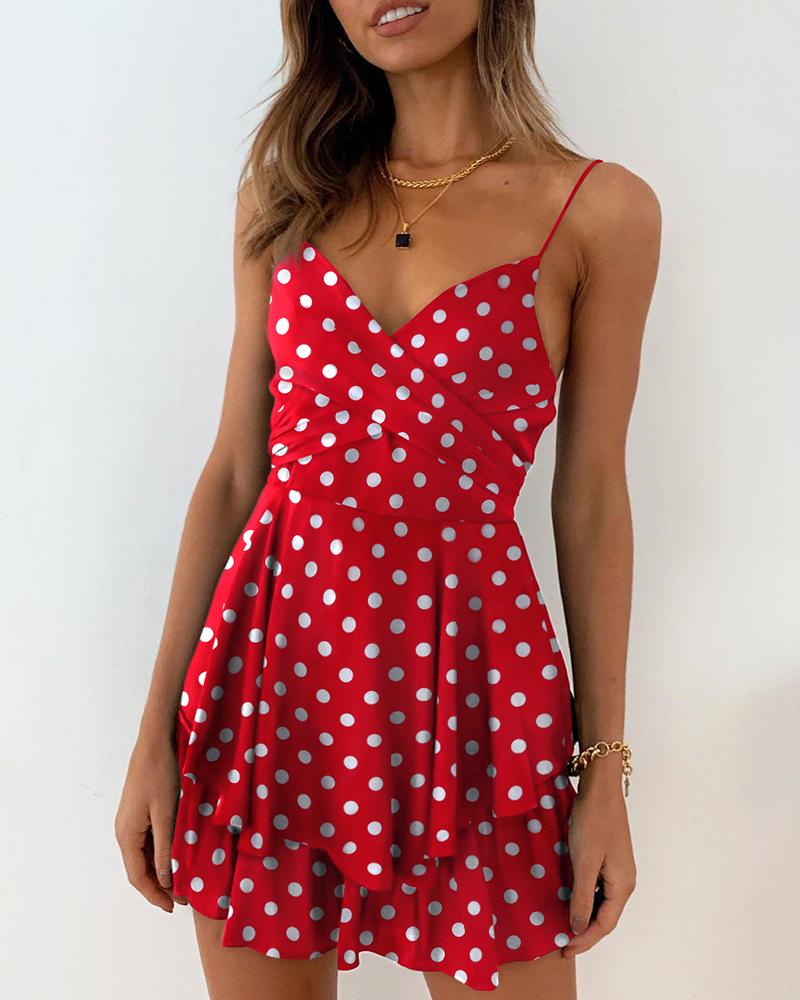 

Dot Print Surplice Neck Cami Dress, Red