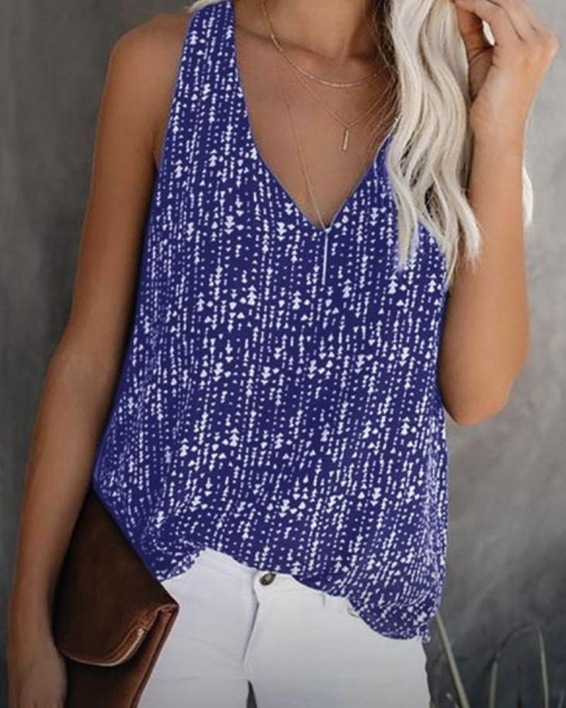 

V Neck Print Casual Tank Top, Blue