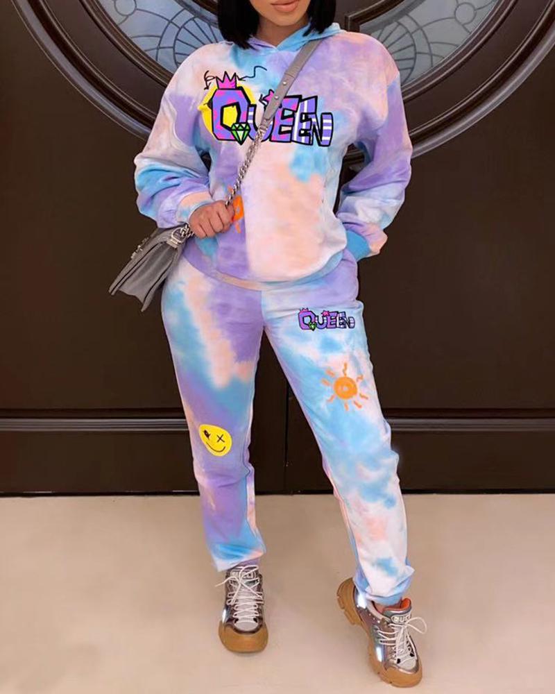 

Tie Dye Cartoon Print Long Sleeve Top & Pants Set, Blue