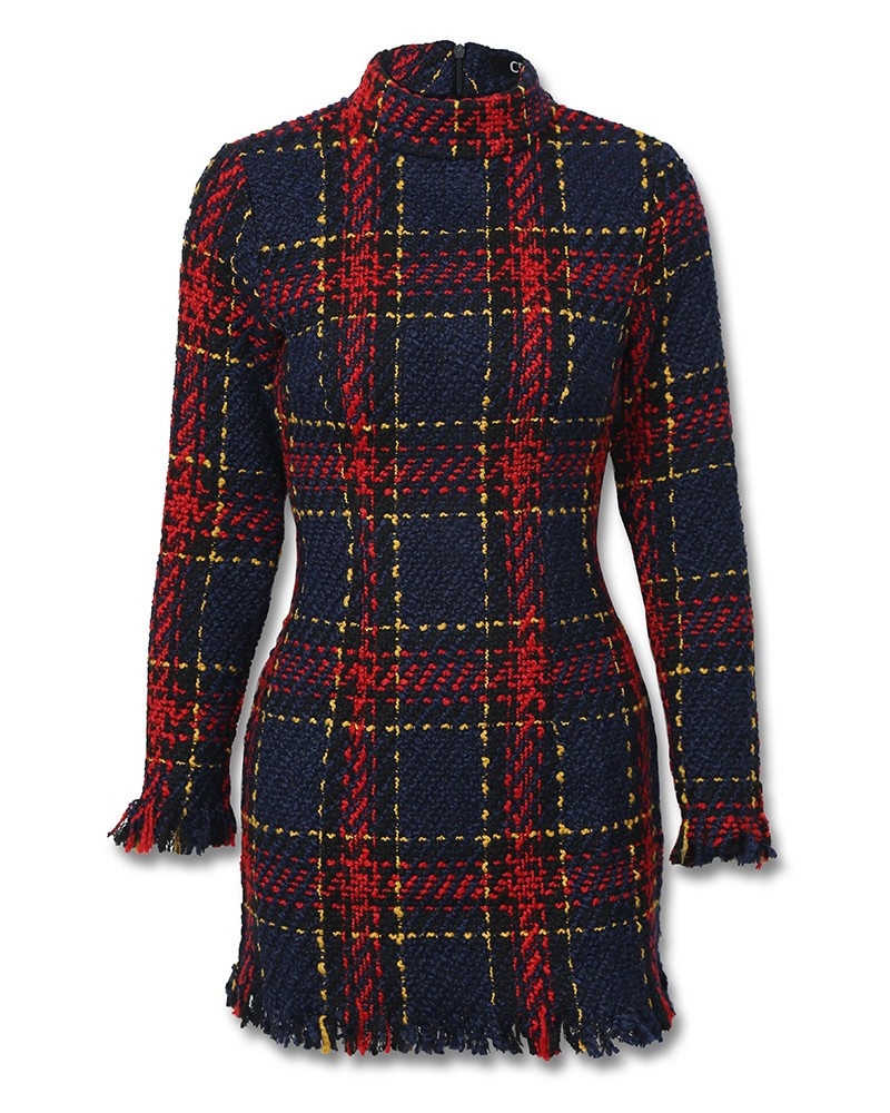 long sleeve frayed hem tweed dress