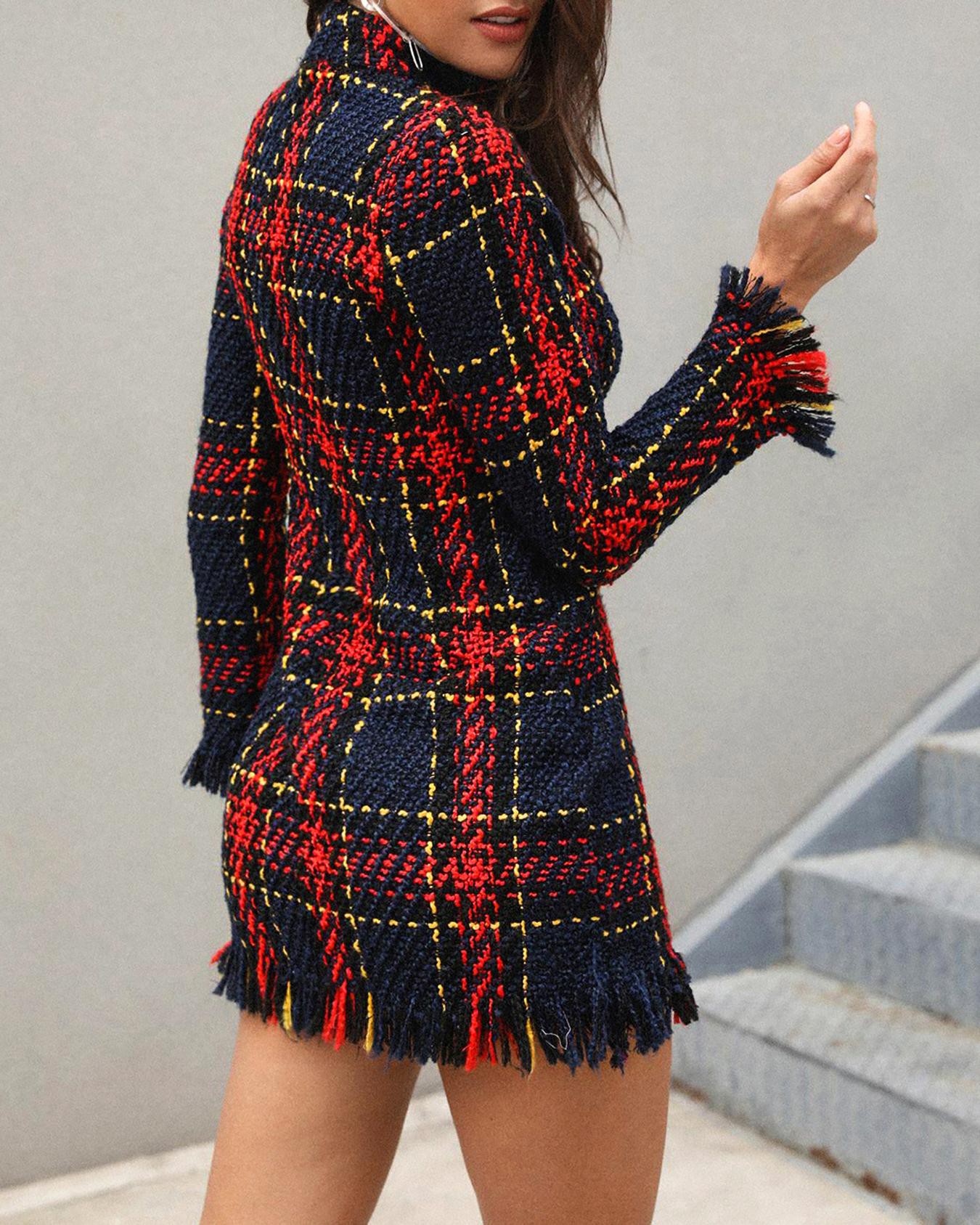 long sleeve frayed hem tweed dress