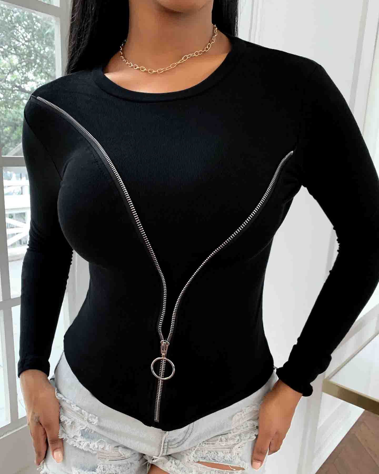 

Zipper Design Long Sleeve Fitted Sweater, Black