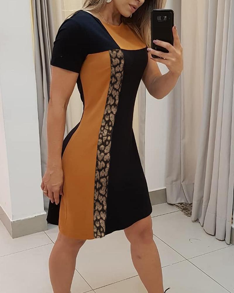 

Striped&Leopard Colorblocked Short Sleeve Sheath Dress, Black