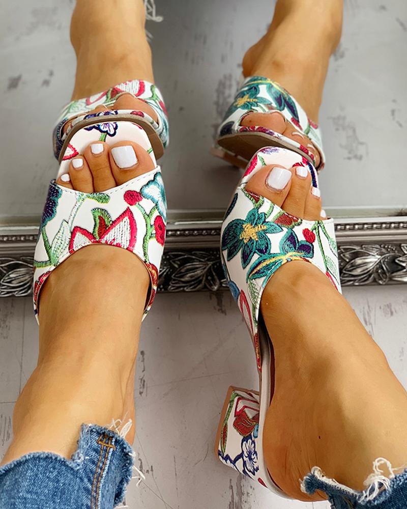 

Peep Toe Print Chunky Heeled Sandals, Red