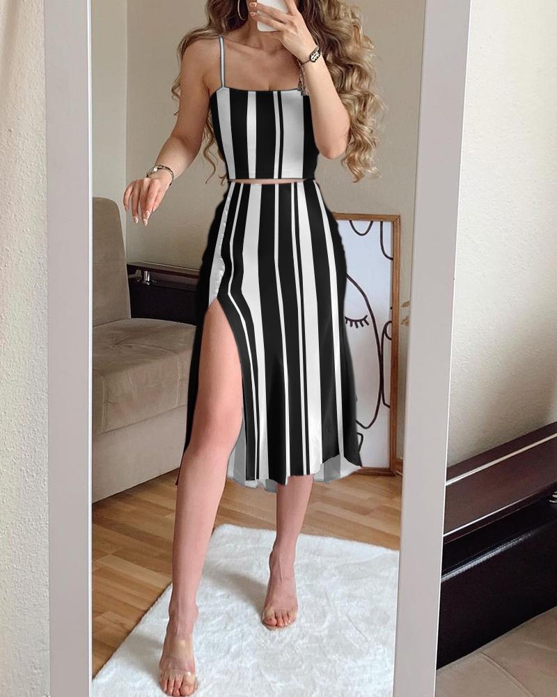 

Striped Colorblock Top & High Slit Midi Skirt Set, Black