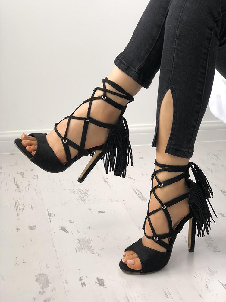 

Crisscross Bandage Tassel Open Toe Stiletto Sandals, Black