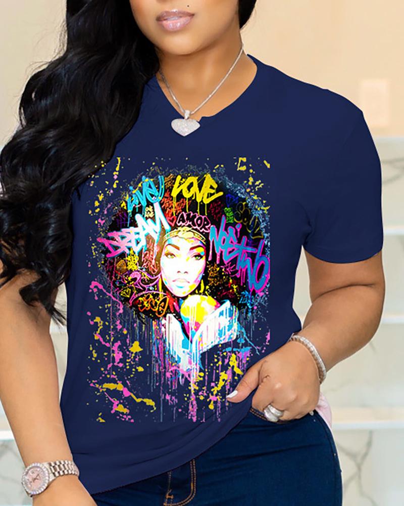 

Figure Letter Print Short Sleeve Casual T-shirt, Dark blue