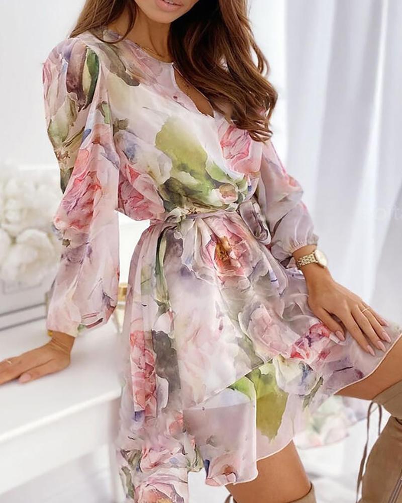 

Floral Print Cutout Front Lantern Sleeve Dress, Pink