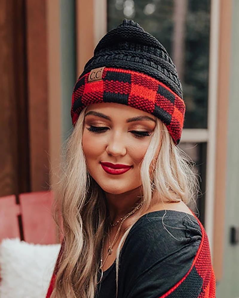 

Plaid Braided Beanie, Red