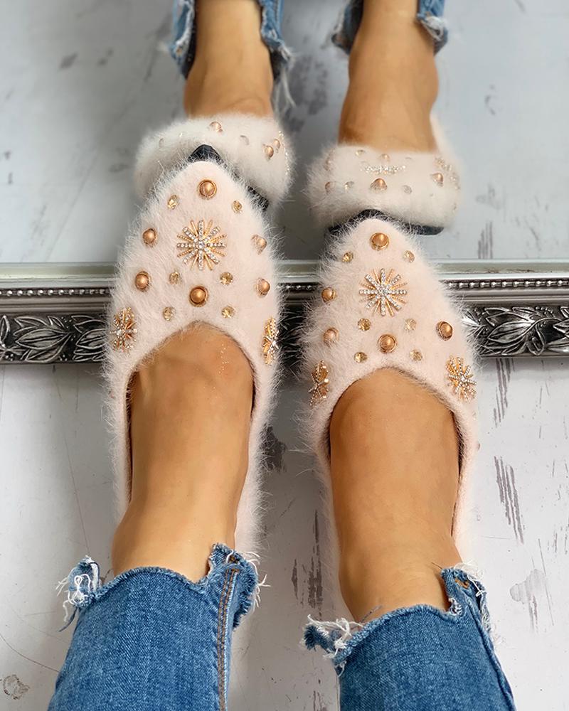 

Studded Embellished Fluffy Flat Shoes, Beige