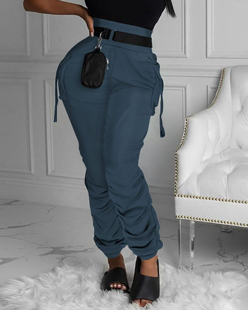

Pocket Design Ruched Plain Pants, Blue
