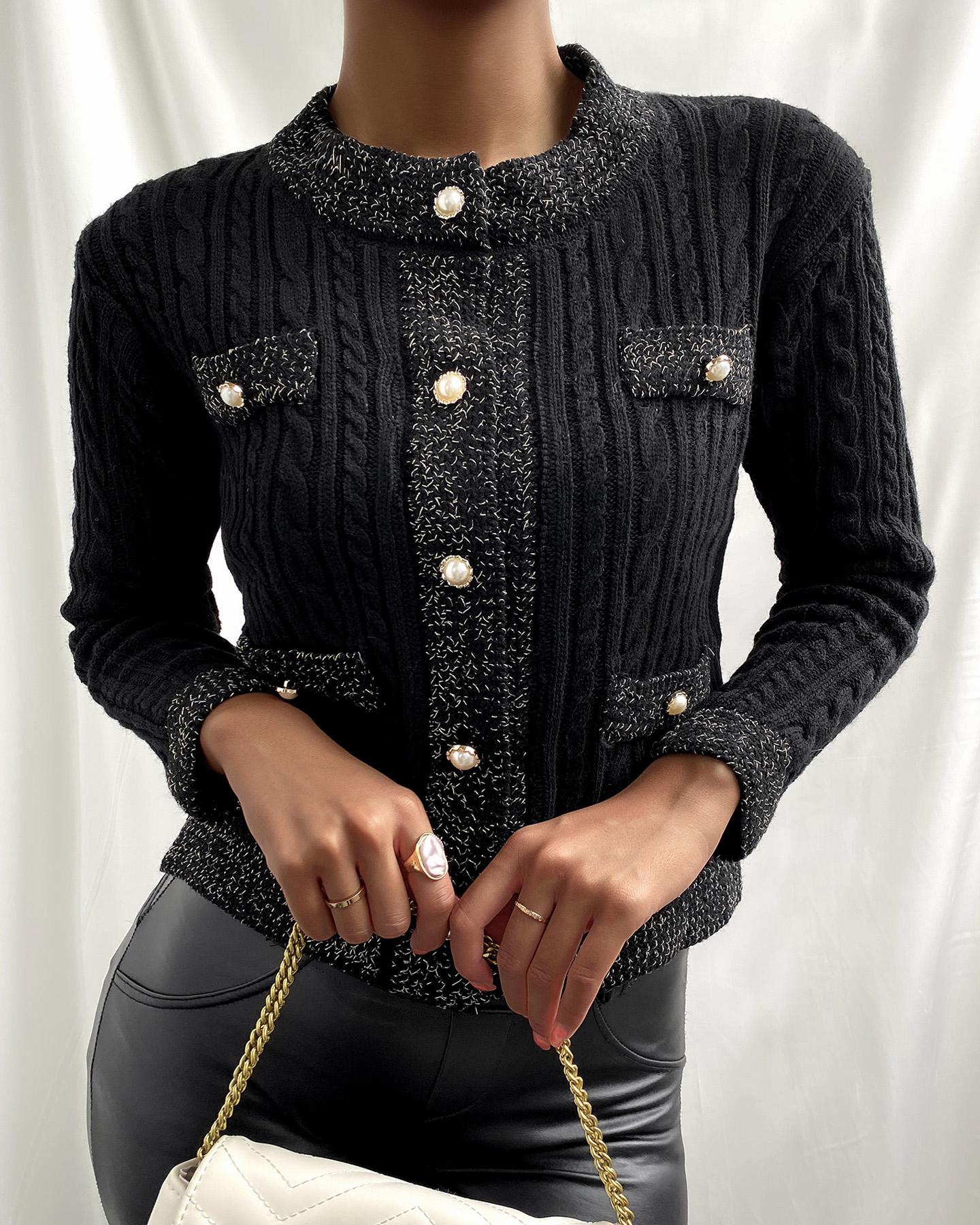 

Cable Knit Button Design Long Sleeve Cardigan, Black