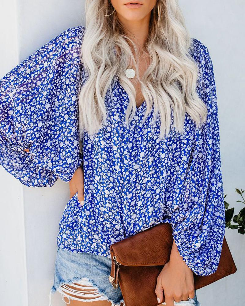 

Floral Print V-Neck Lantern Sleeve Top, Blue