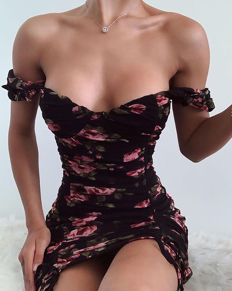 

Off Shoulder Ruched Floral Print Dress, Black
