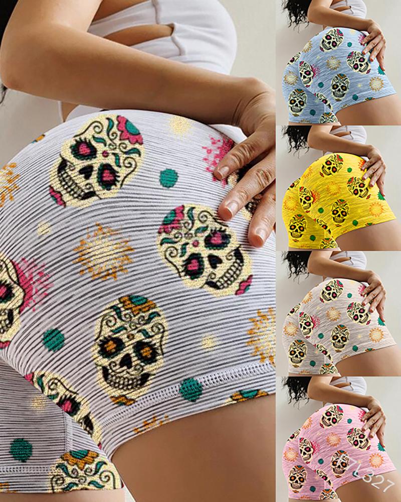 

Multicolor Skeleton Print Skinny High Waist Shorts, Light gray