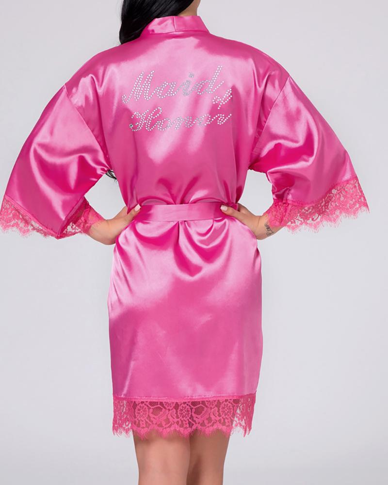 

Letter Print Half Sleeve Lace Trim Robe, Hot pink