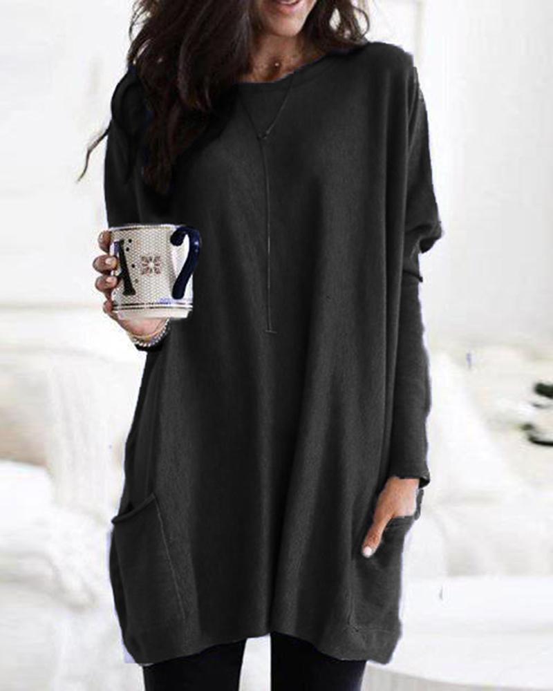 

Solid Long Sleeve Longline Pocket Blouse, Black