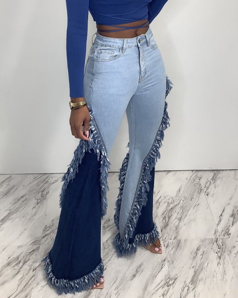 Colorblock Fringe Hem Flared Leg Jeans