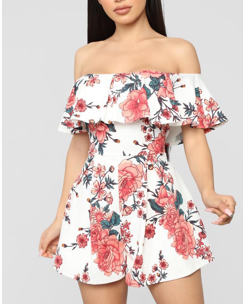 

Floral Off Shoulder Fold Over Rompers, White
