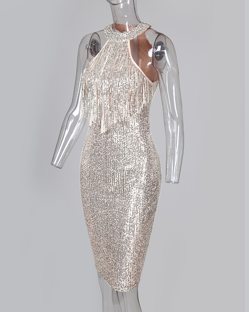 silver glitter mesh insert tassel sleeve bodycon dress